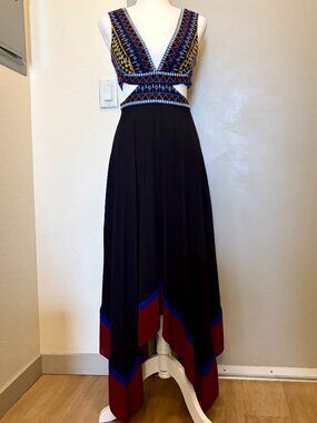 BCBGMAXAZRIA Black Embroidered Cutout Handkerchief Skirt Dress Size 2